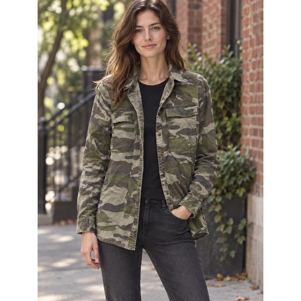 J.Crew Camouflage Utility Shirt Jacket Women Size 0 Green Woodland Military